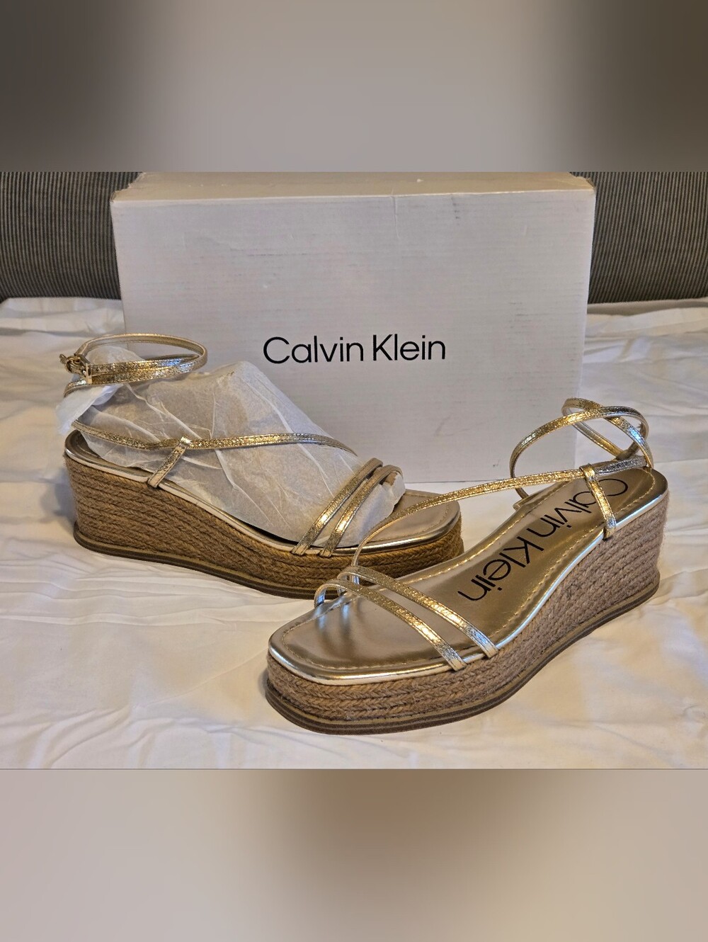 Calvin Klein Metallic Gold Wedge Espadrille Sandals
